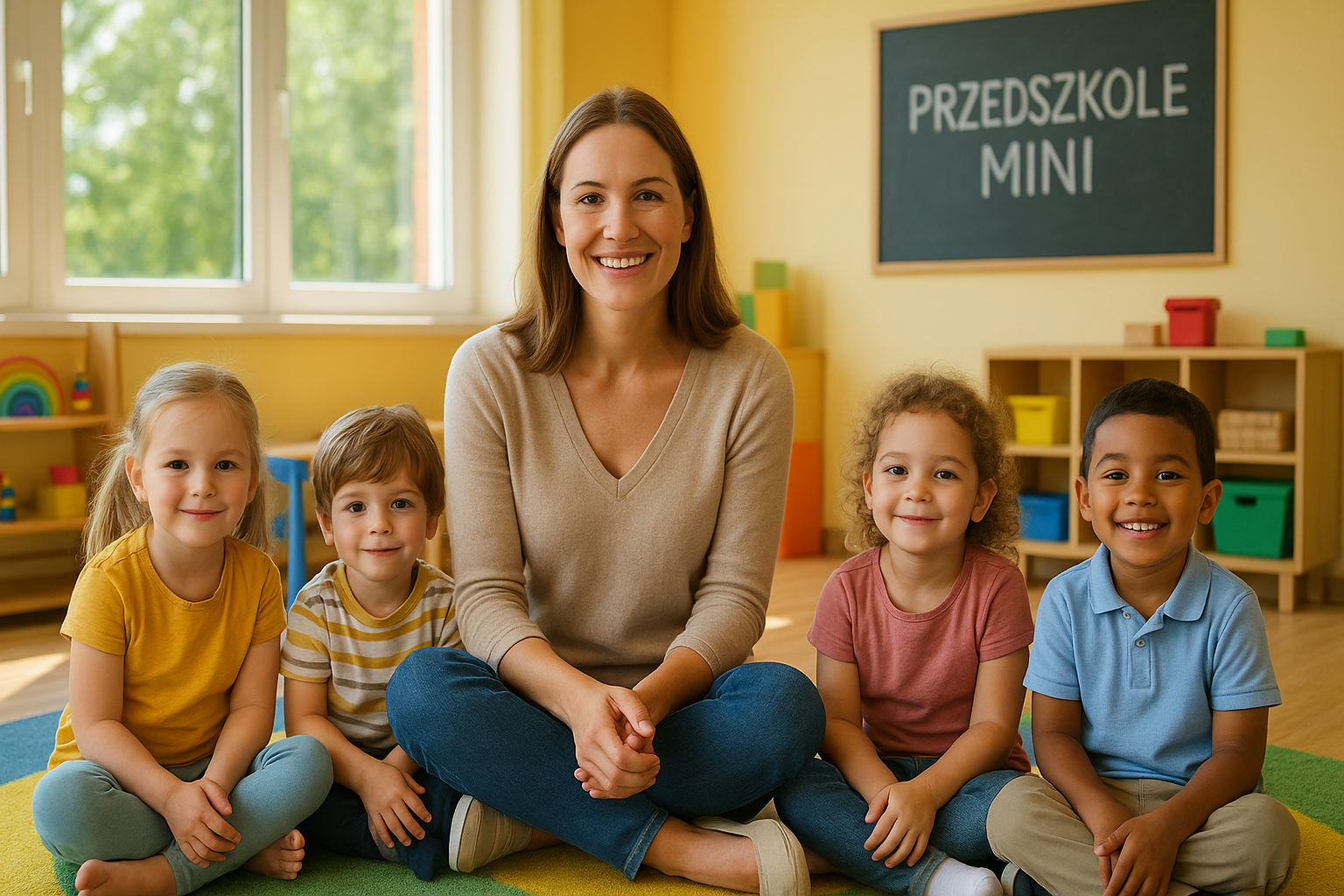 Nauczycielka i dzieci bawiące się w sali przedszkola w Olsztynie – Przedszkole MINI