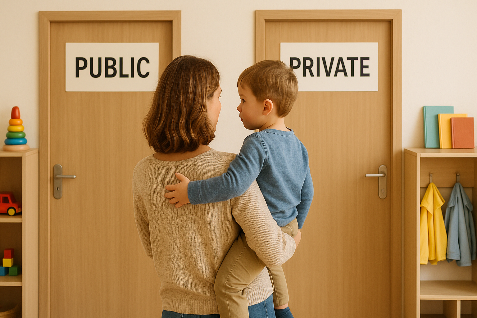 Rodzic z dzieckiem porównujący przedszkole prywatne i publiczne przed wyborem placówki